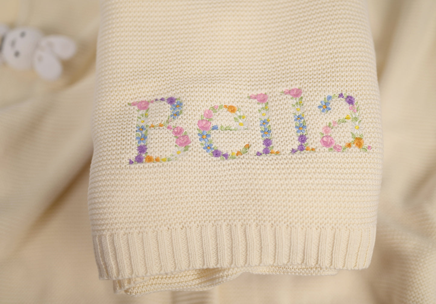 Embroidered Floral Alphabet Knit Baby Blanket, Newborn Gift, Baby blanket, knitted blanket for new baby, beautifully embroidered custom name blanket