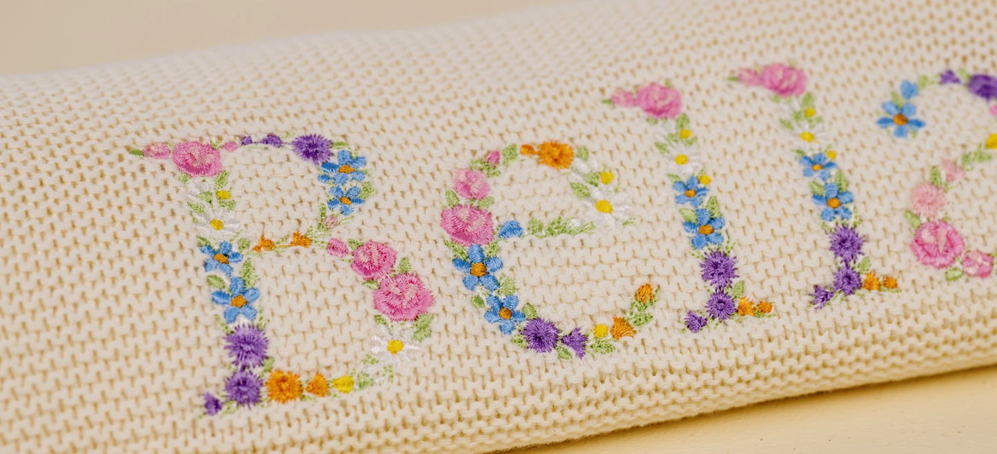 Embroidered Floral Alphabet Knit Baby Blanket, Newborn Gift, Baby blanket, knitted blanket for new baby, beautifully embroidered custom name blanket