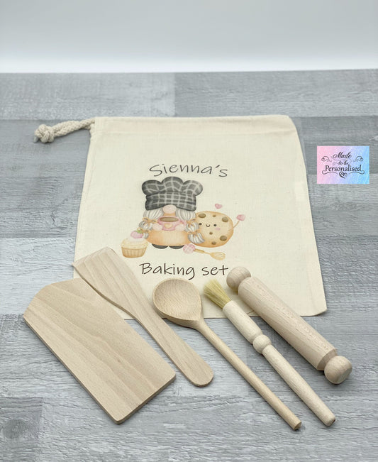 Child's baking set with personalised drawstring bag, Girl gnome