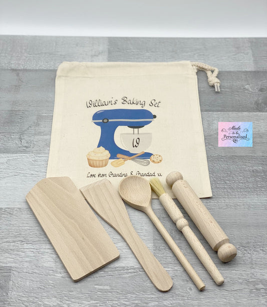 Child's baking set with personalised drawstring bag, Blue mixer