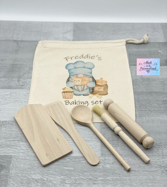 Child's baking set with personalised drawstring bag, boy gnome