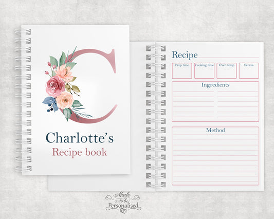 Personalised recipe book, floral initial,