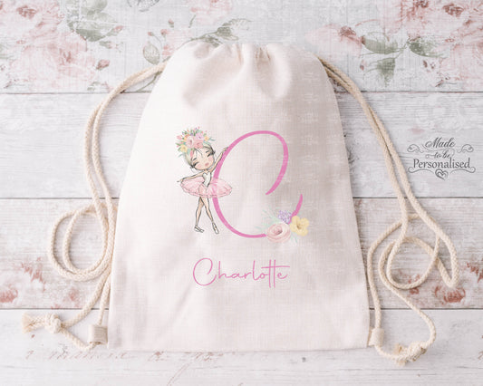Drawstring Bag, Ballet Initial with flowers