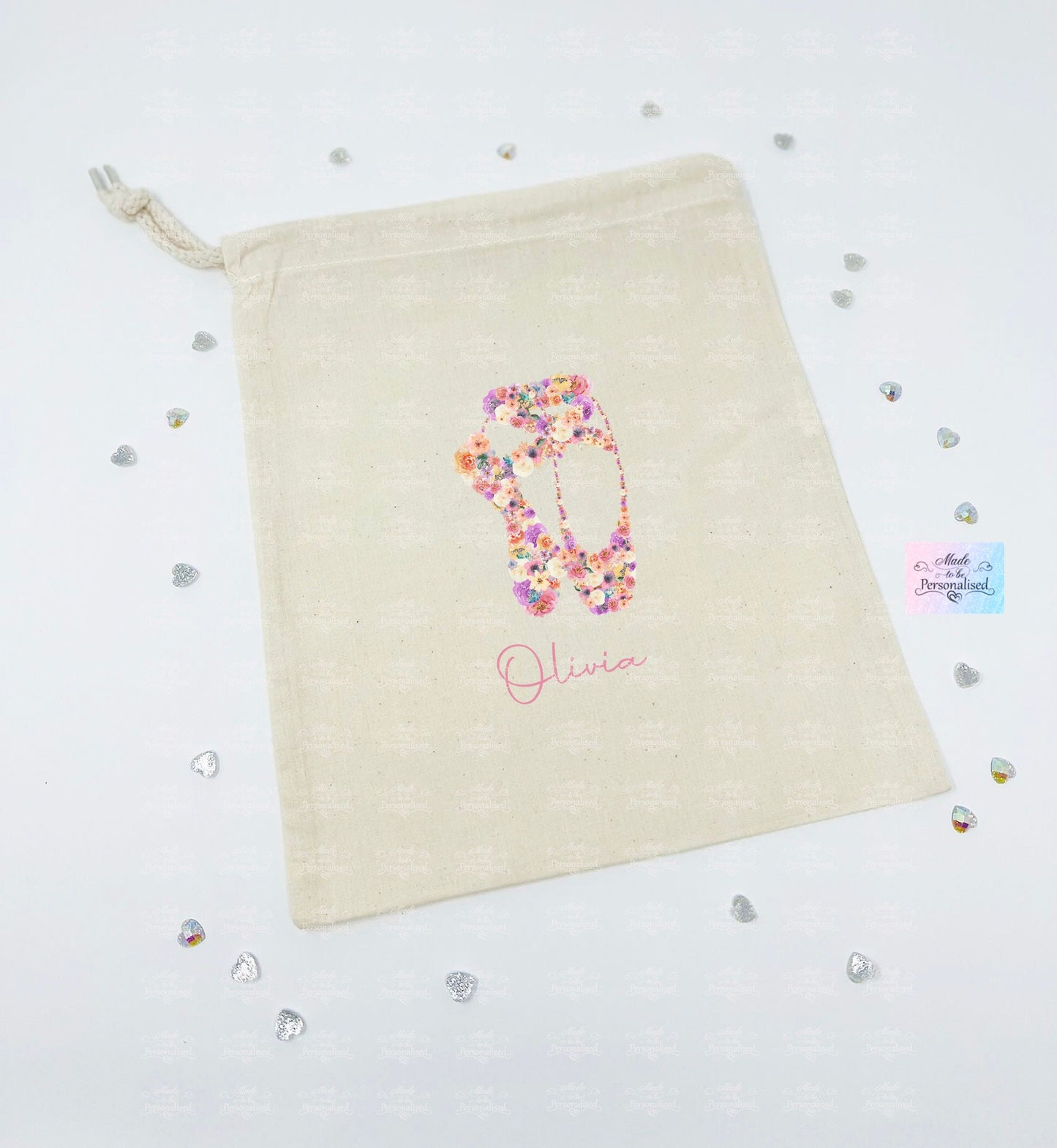 Personalised drawstring bag, floral shoes, gym bag, ballet shoe bag, dance shoes bag, birthday gift, ballerina gift, stuff bag
