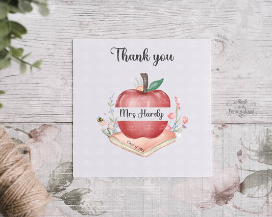 Teacher thank you card, apple design - personalised with your teachers name