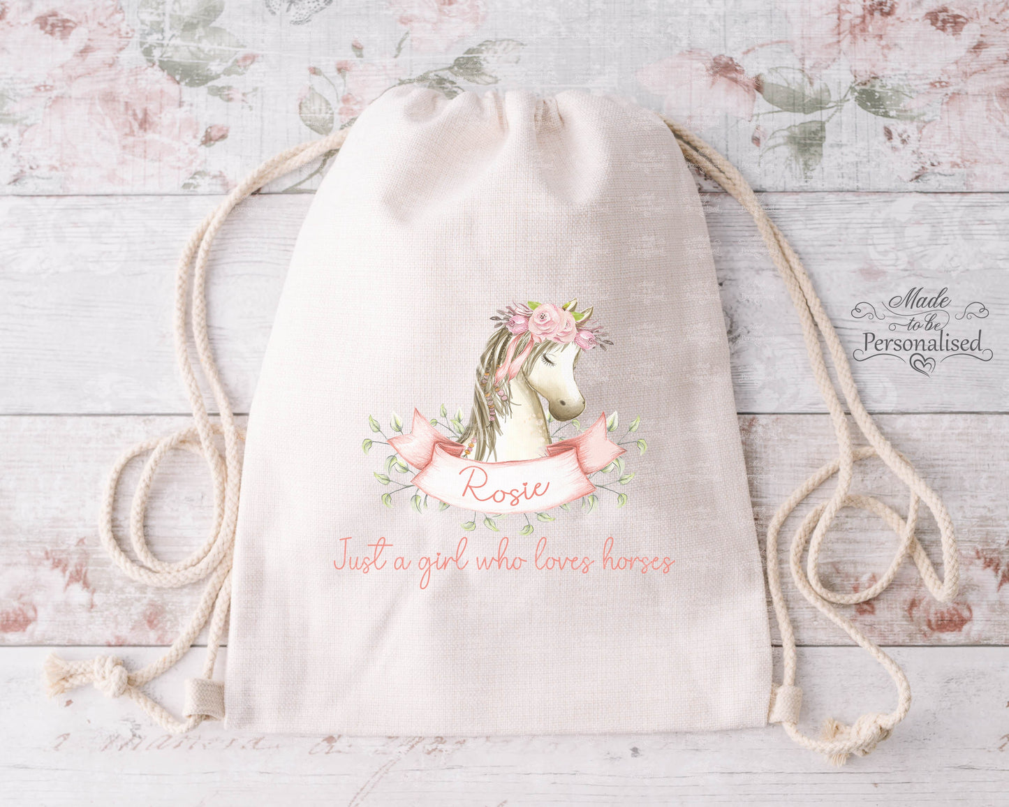 Personalised horse gym bag, Pink watercolour horse design, pink pony, horse riding bag, back to school, horse gift for girls, Birthday gift,