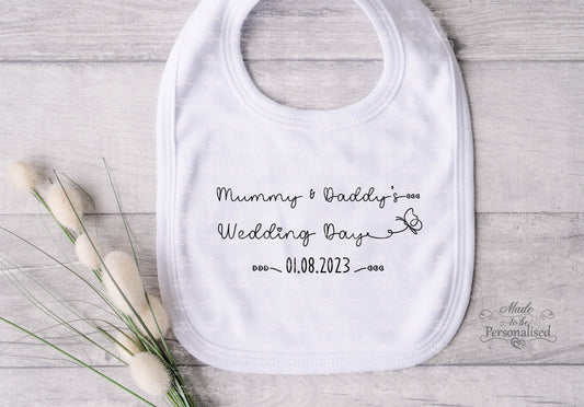 Mummy & Daddy's Wedding Day Baby Bib, personalised with he date of the wedding