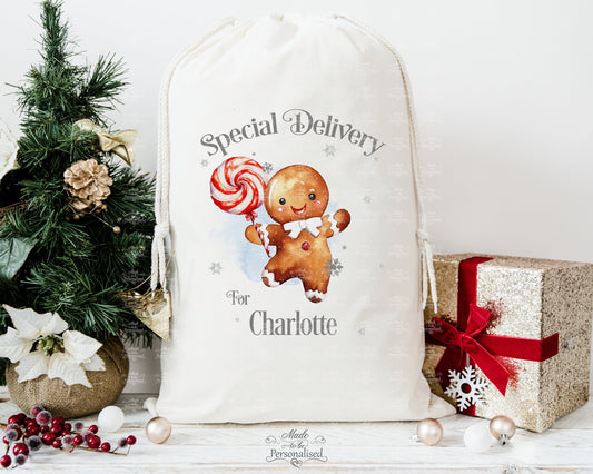 Gingerbread man Santa sack, special delivery