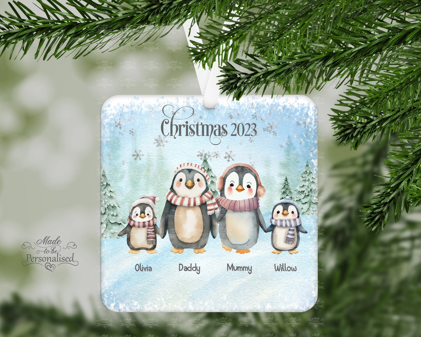 Personalised Penguin Family glitter bauble, Christmas ornament, hanging tree decoration, Christmas gift, Penguin decoration, Xmas 2023