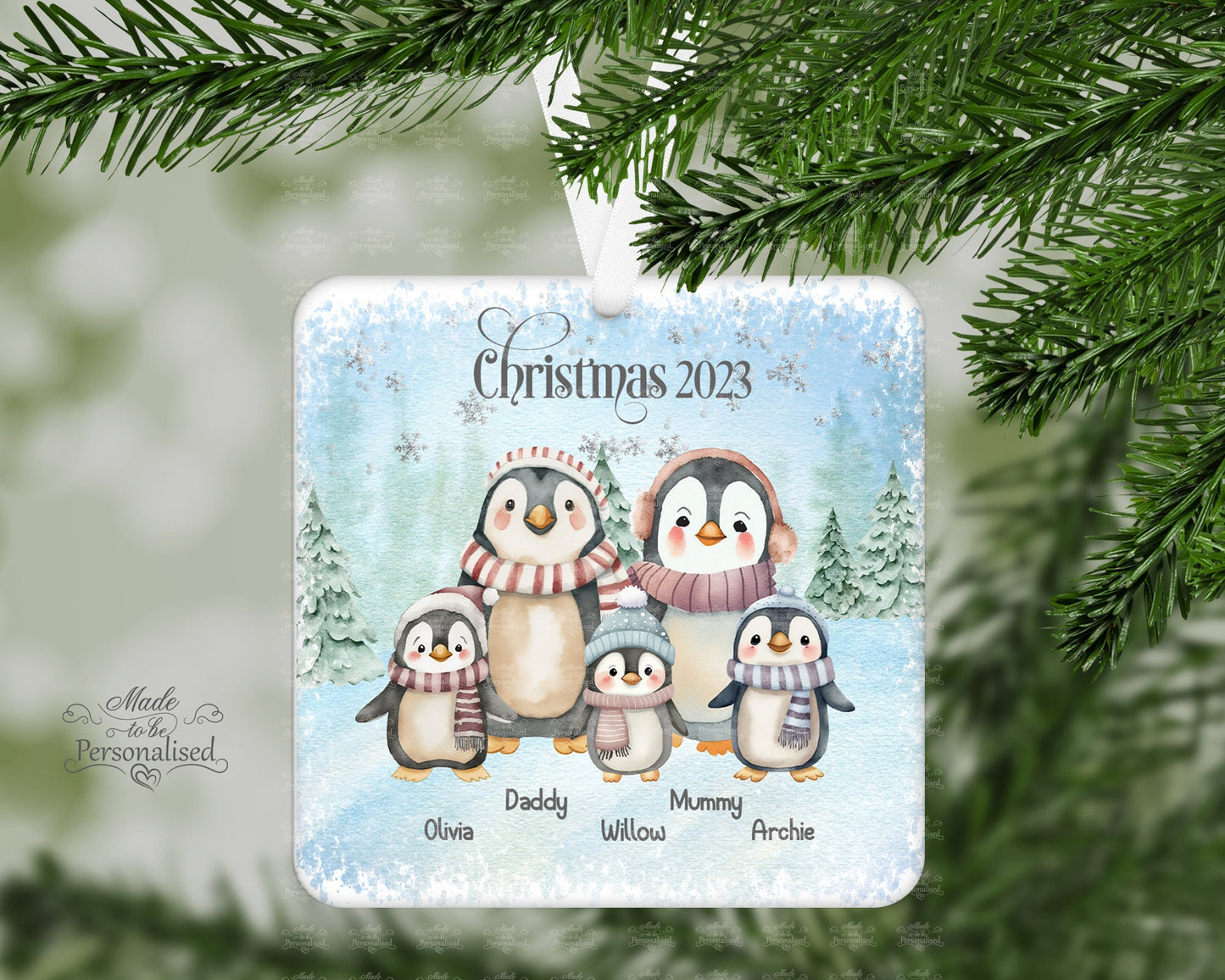 Personalised Penguin Family glitter bauble, Christmas ornament, hanging tree decoration, Christmas gift, Penguin decoration, Xmas 2023