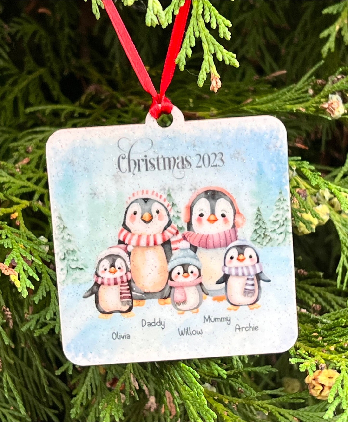 Personalised Penguin Family glitter bauble, Christmas ornament, hanging tree decoration, Christmas gift, Penguin decoration, Xmas 2023