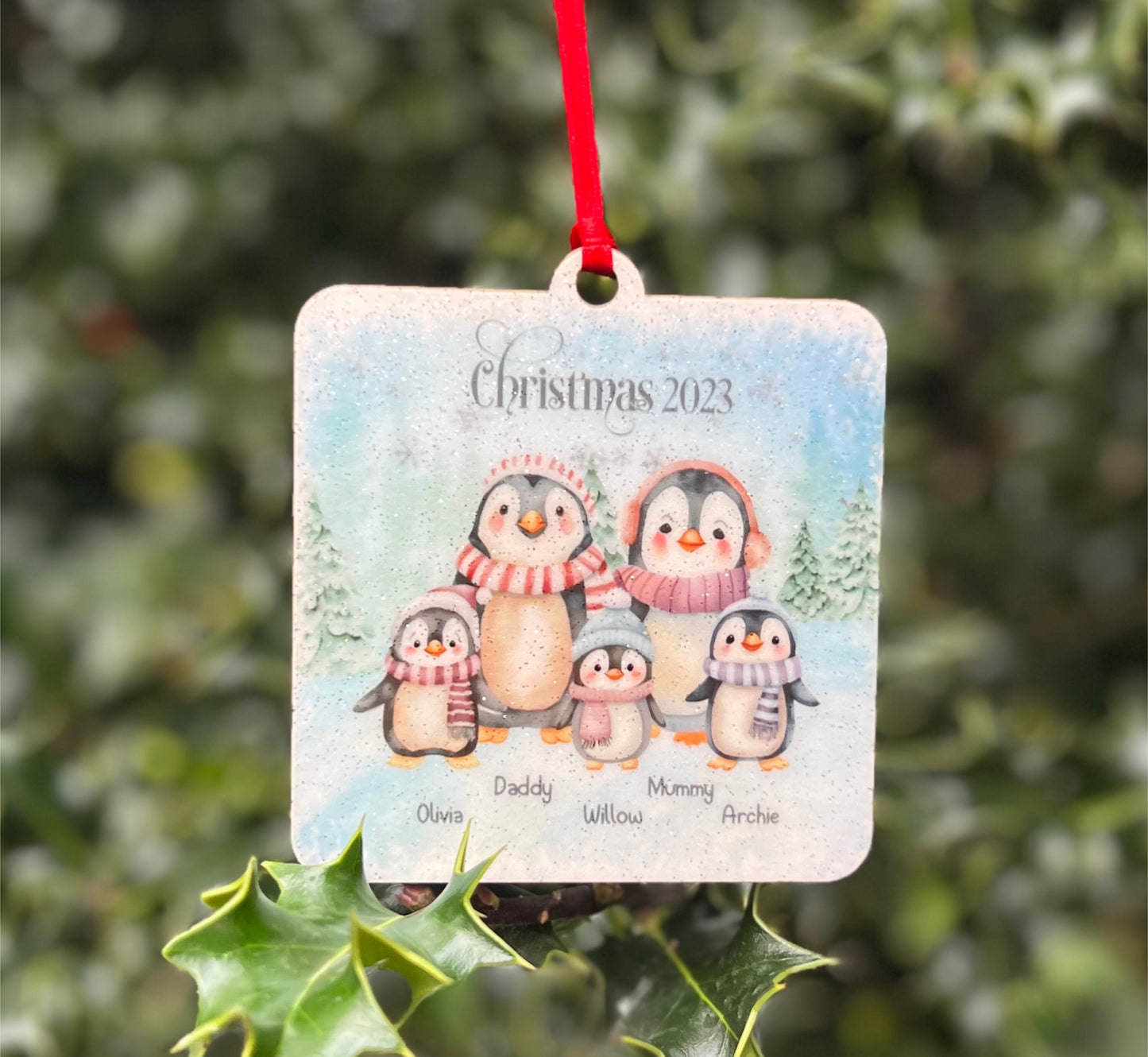 Personalised Penguin Family glitter bauble, Christmas ornament, hanging tree decoration, Christmas gift, Penguin decoration, Xmas 2023