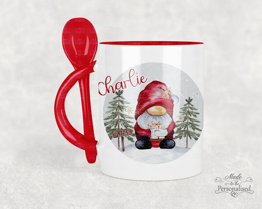 Santa Gonk Christmas Mug, Gnome design, Red mug with spoon