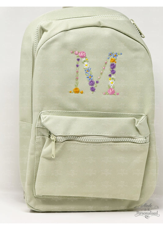 Personalized Floral Initial Mini Backpack - Custom Embroidered Sage Green Children's Bag - Toddler Pre-school Rucksack - Starting Nursery