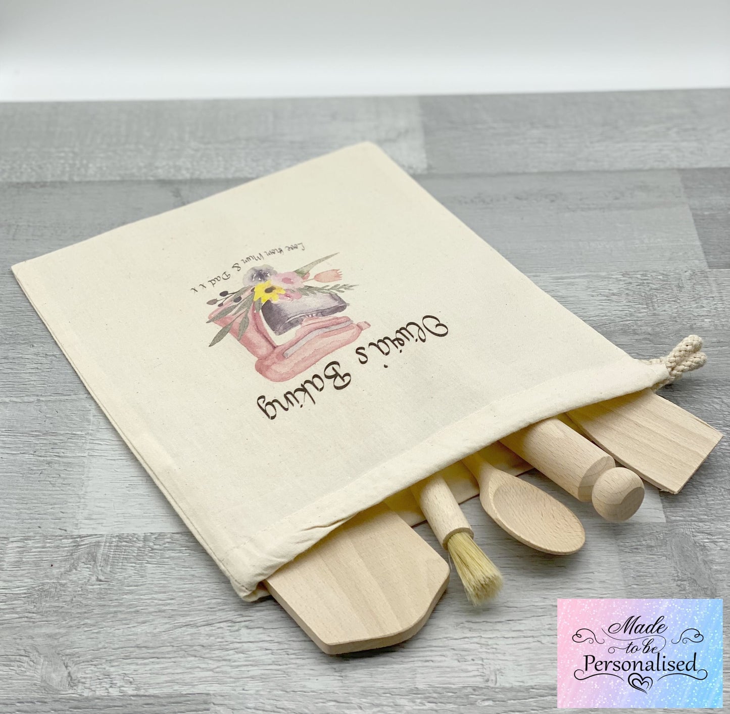 Children's Baking set with personalised drawstring bag, Pink mixer