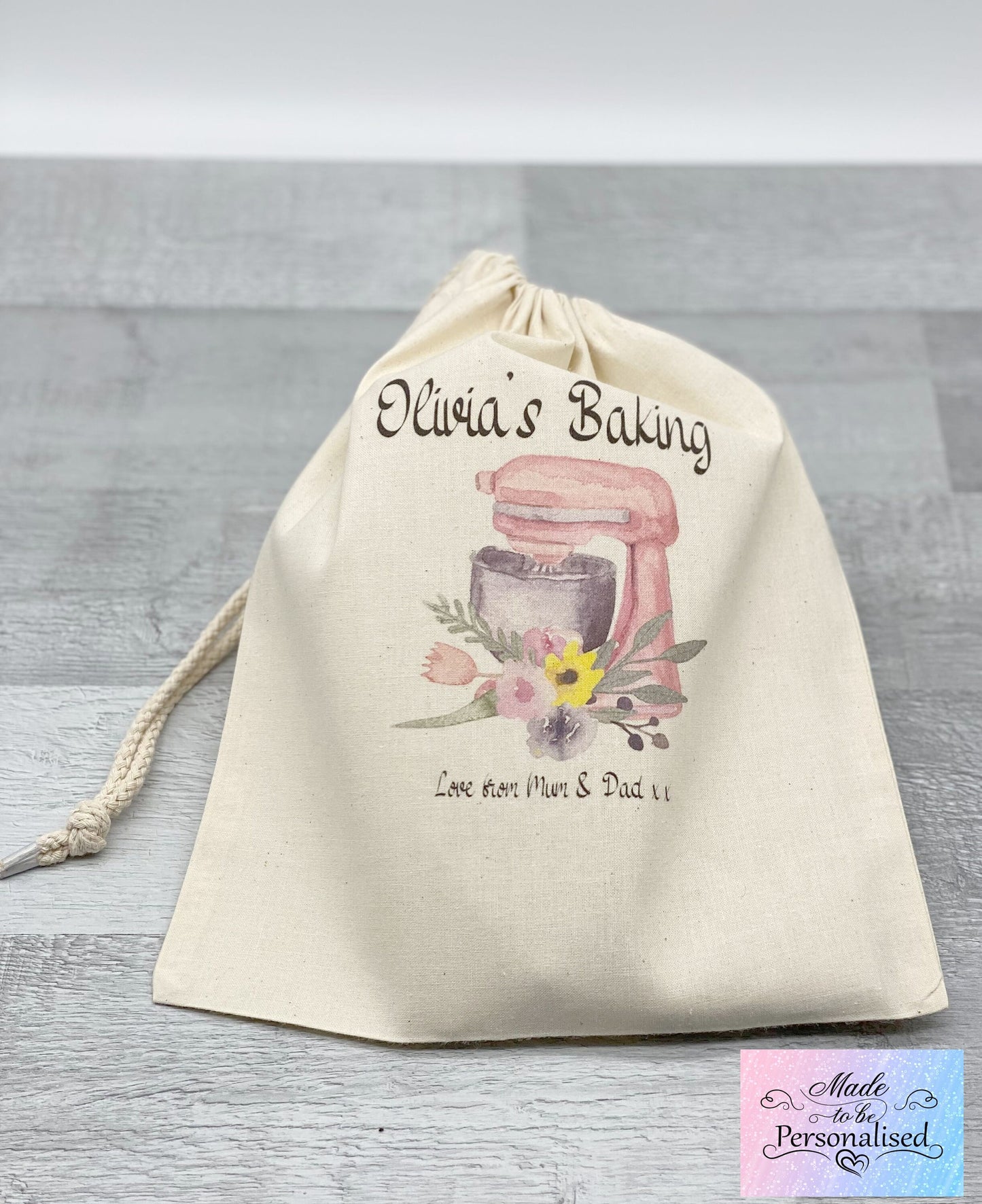 Children's Baking set with personalised drawstring bag, Pink mixer