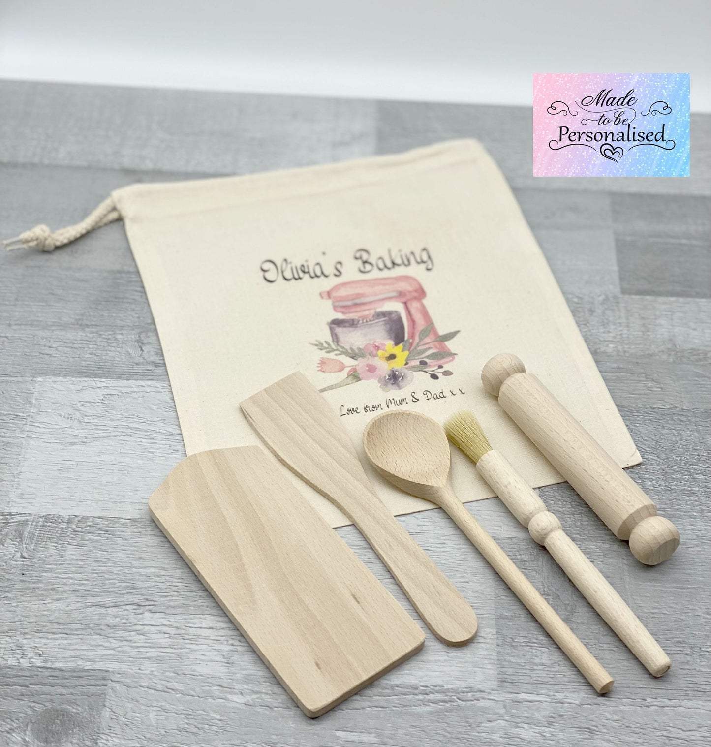 Children's Baking set with personalised drawstring bag, Pink mixer