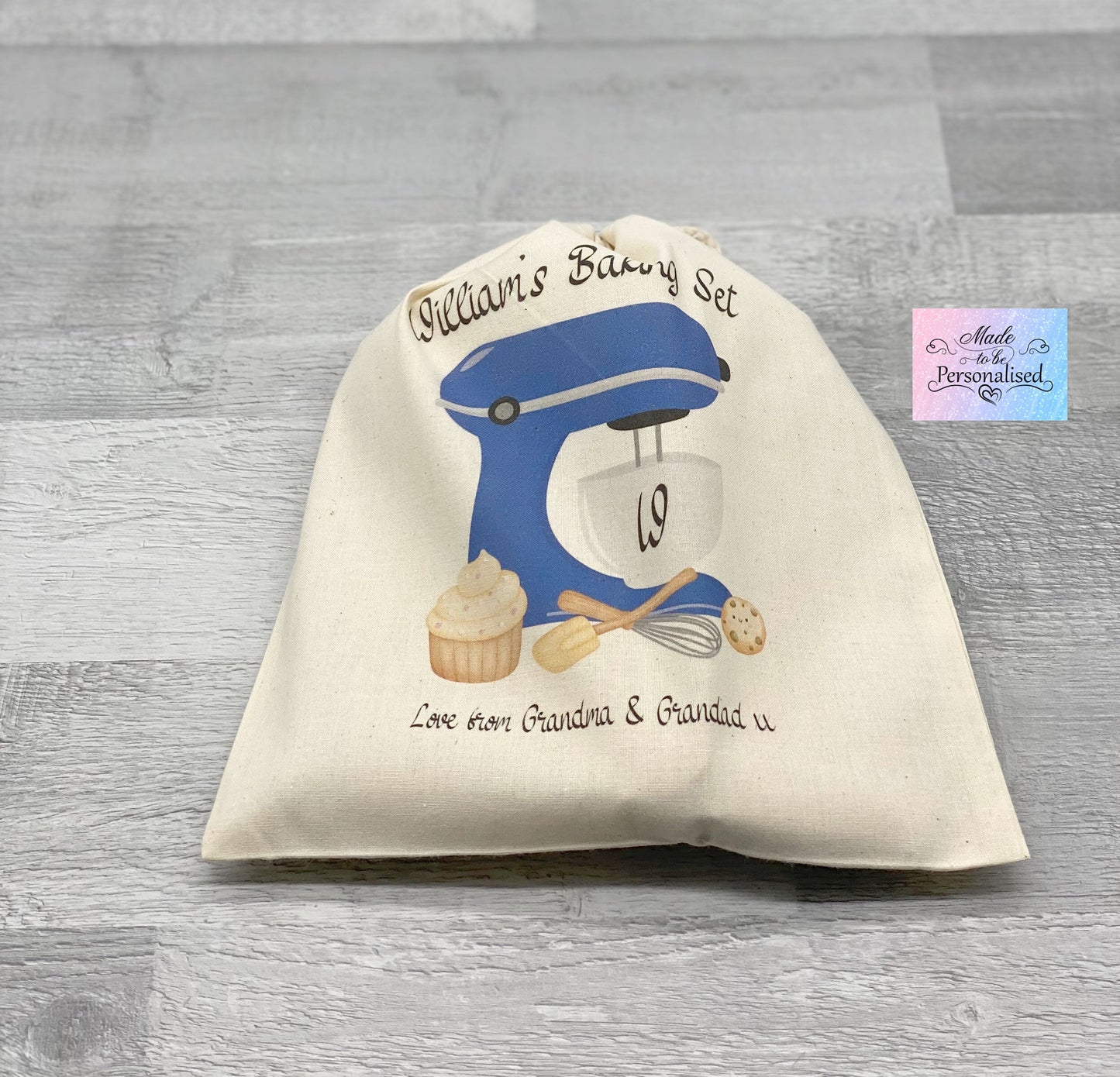 Child's baking set with personalised drawstring bag, Blue mixer