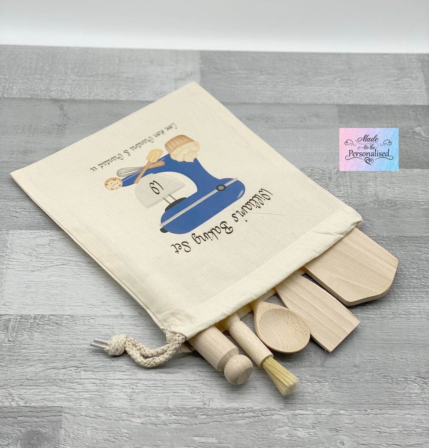 Child's baking set with personalised drawstring bag, Blue mixer