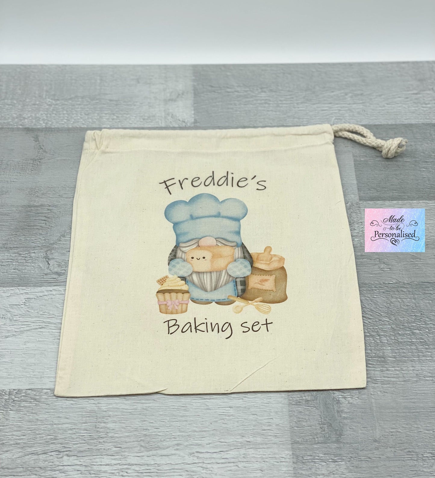 Child's baking set with personalised drawstring bag, boy gnome