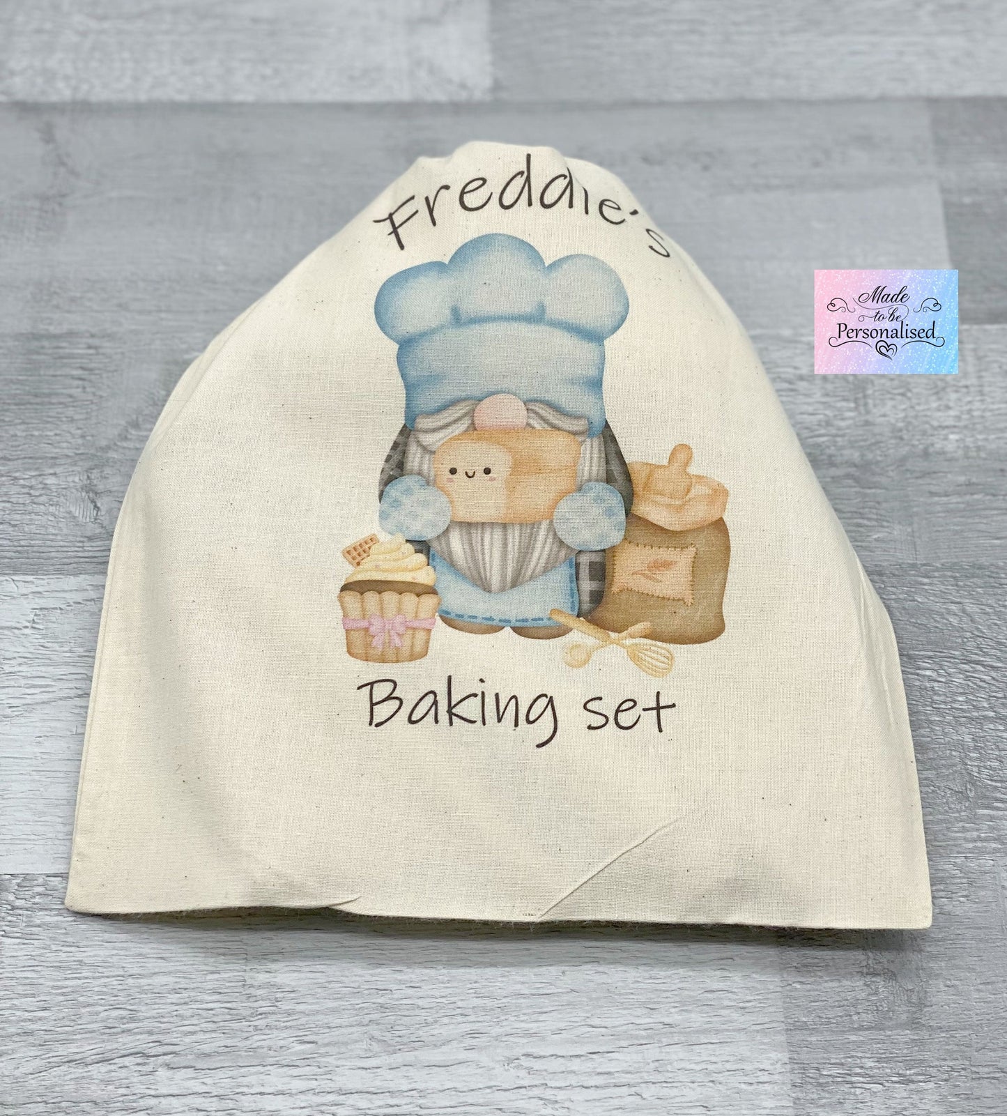 Child's baking set with personalised drawstring bag, boy gnome