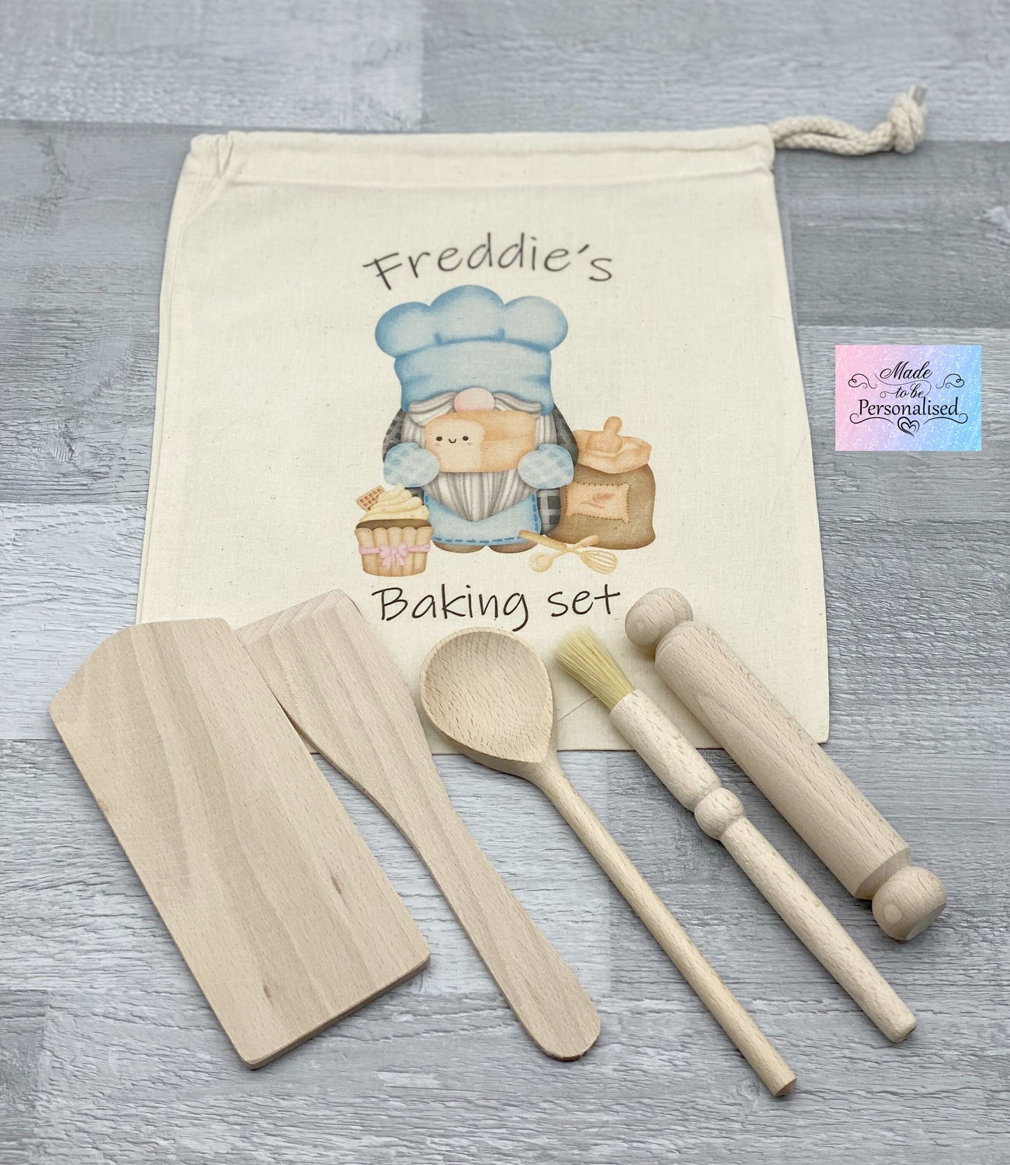 Child's baking set with personalised drawstring bag, boy gnome