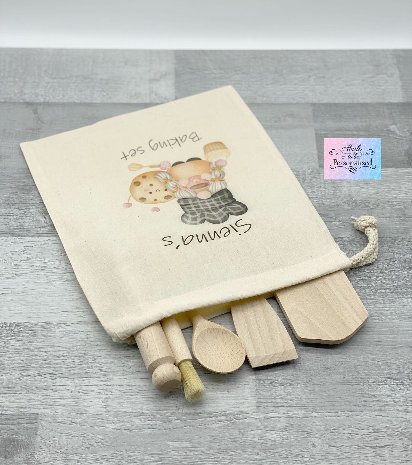 Child baking set, Personalised Kid's drawstring bag with wooden cooking utensils baking set, kitchen cooking gift set, gift for her Birthday