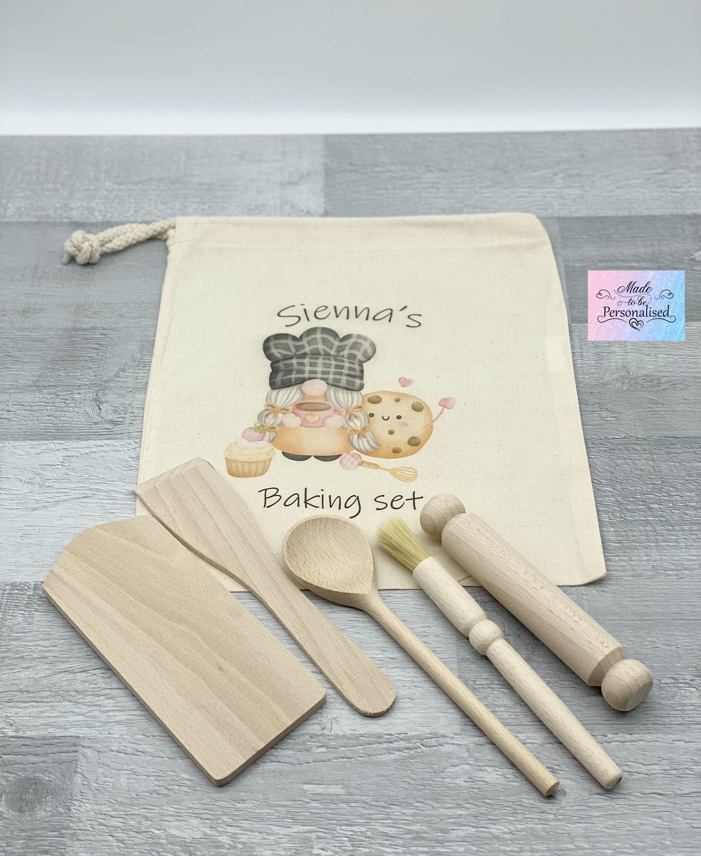 Child baking set, Personalised Kid's drawstring bag with wooden cooking utensils baking set, kitchen cooking gift set, gift for her Birthday