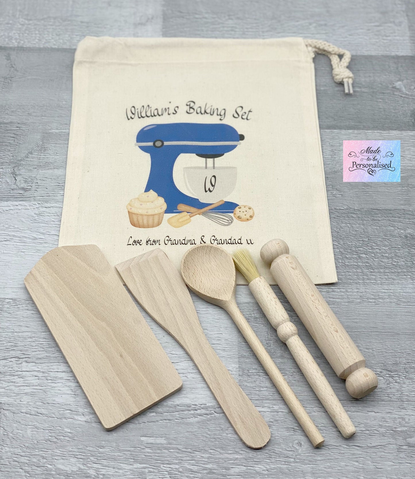 Child's baking set with personalised drawstring bag, Blue mixer