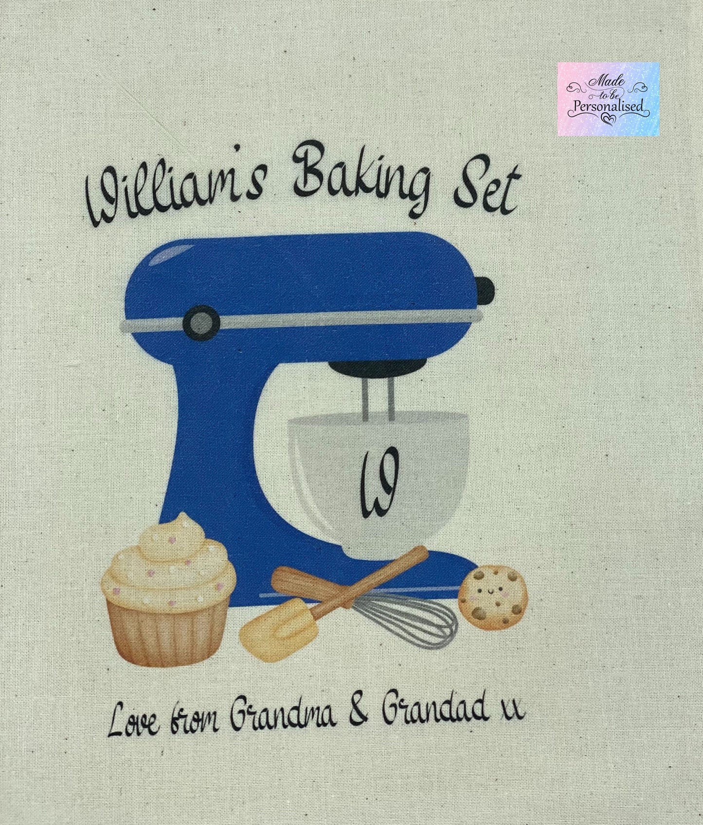 Child's baking set with personalised drawstring bag, Blue mixer