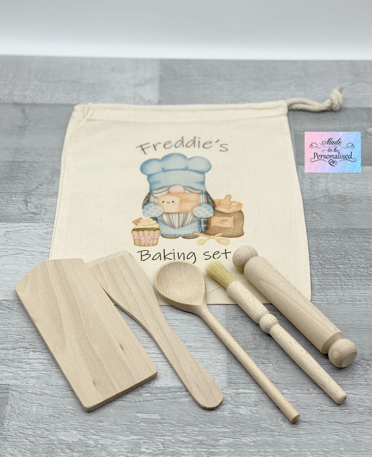 Child's baking set with personalised drawstring bag, boy gnome