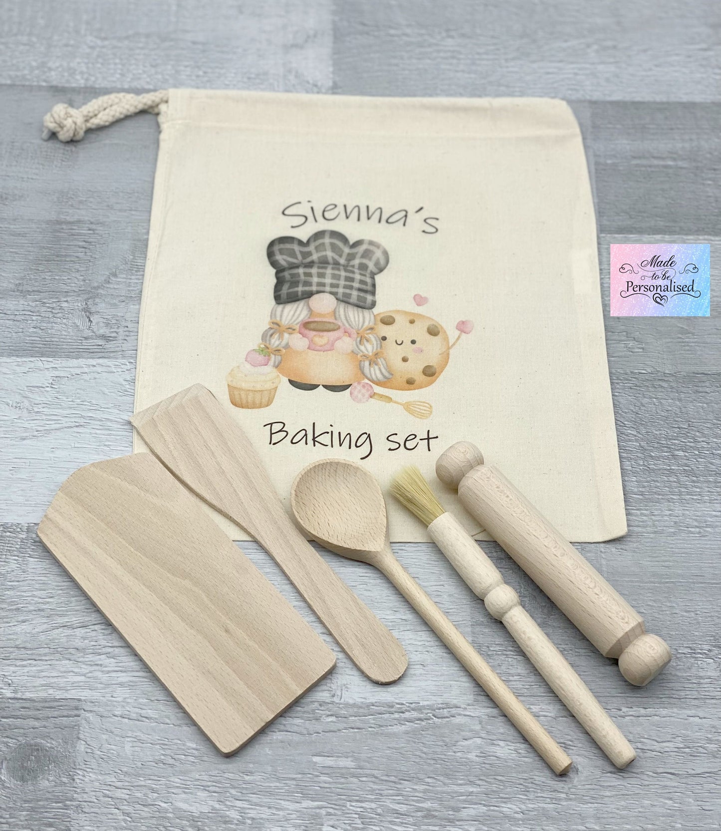 Child baking set, Personalised Kid's drawstring bag with wooden cooking utensils baking set, kitchen cooking gift set, gift for her Birthday