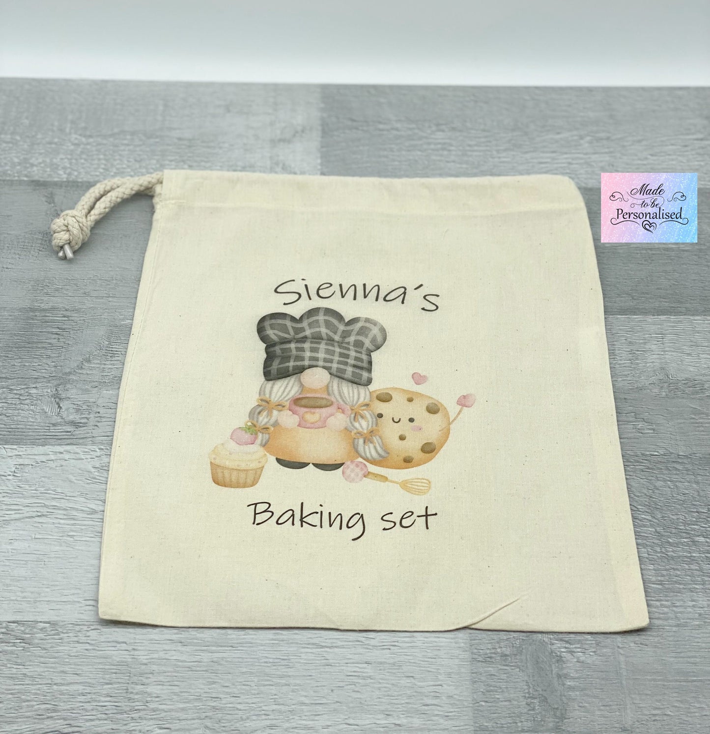 Child baking set, Personalised Kid's drawstring bag with wooden cooking utensils baking set, kitchen cooking gift set, gift for her Birthday