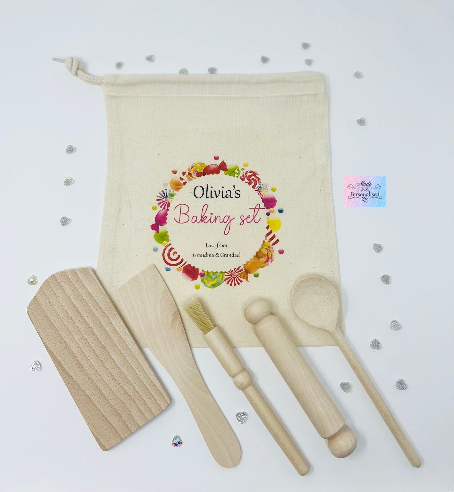 Personalised Children's baking set, kitchen gifts, personalised drawstring bag, wooden cooking utensils, baking set, cooking gift set