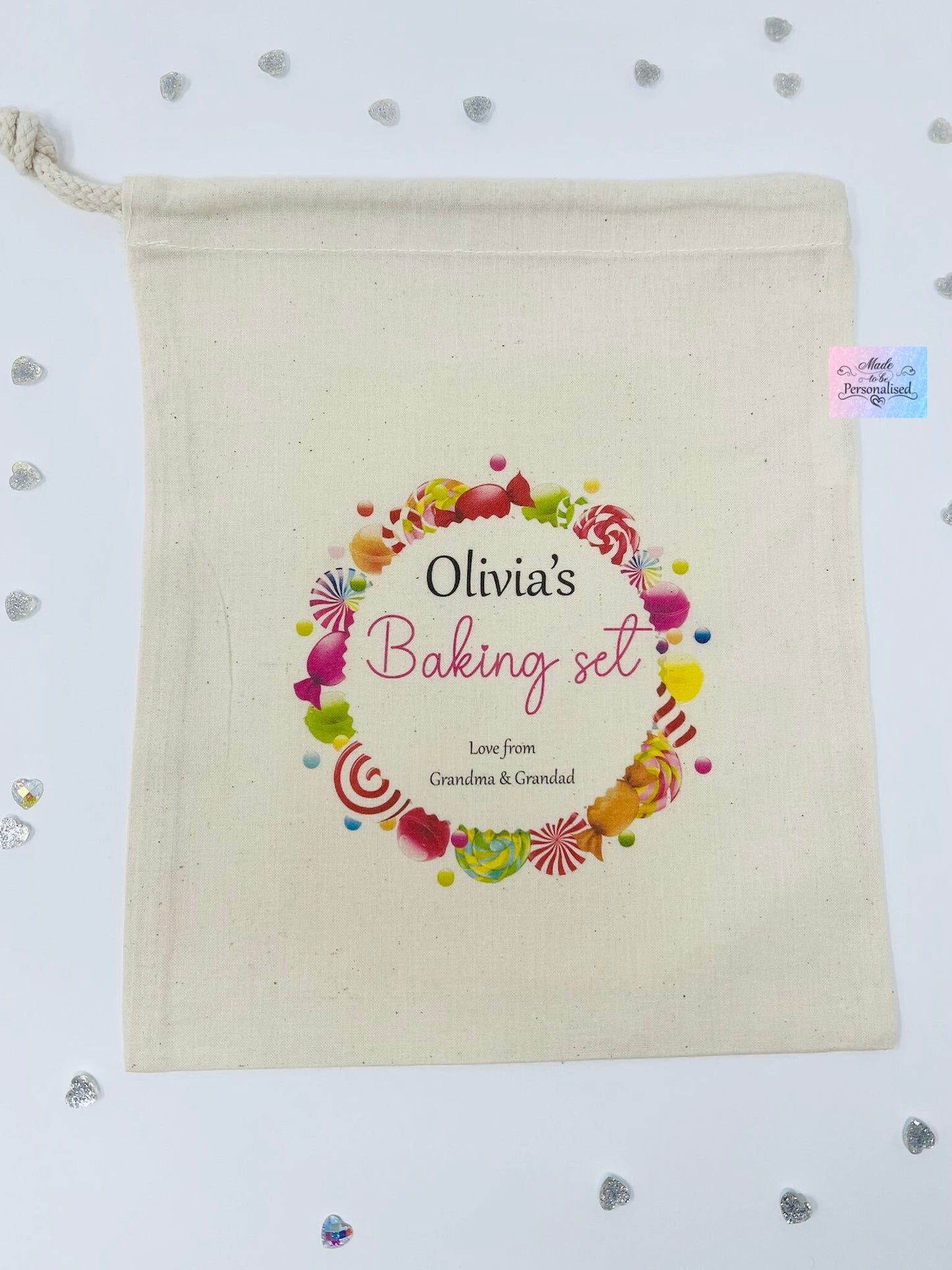 Personalised Children's baking set, kitchen gifts, personalised drawstring bag, wooden cooking utensils, baking set, cooking gift set
