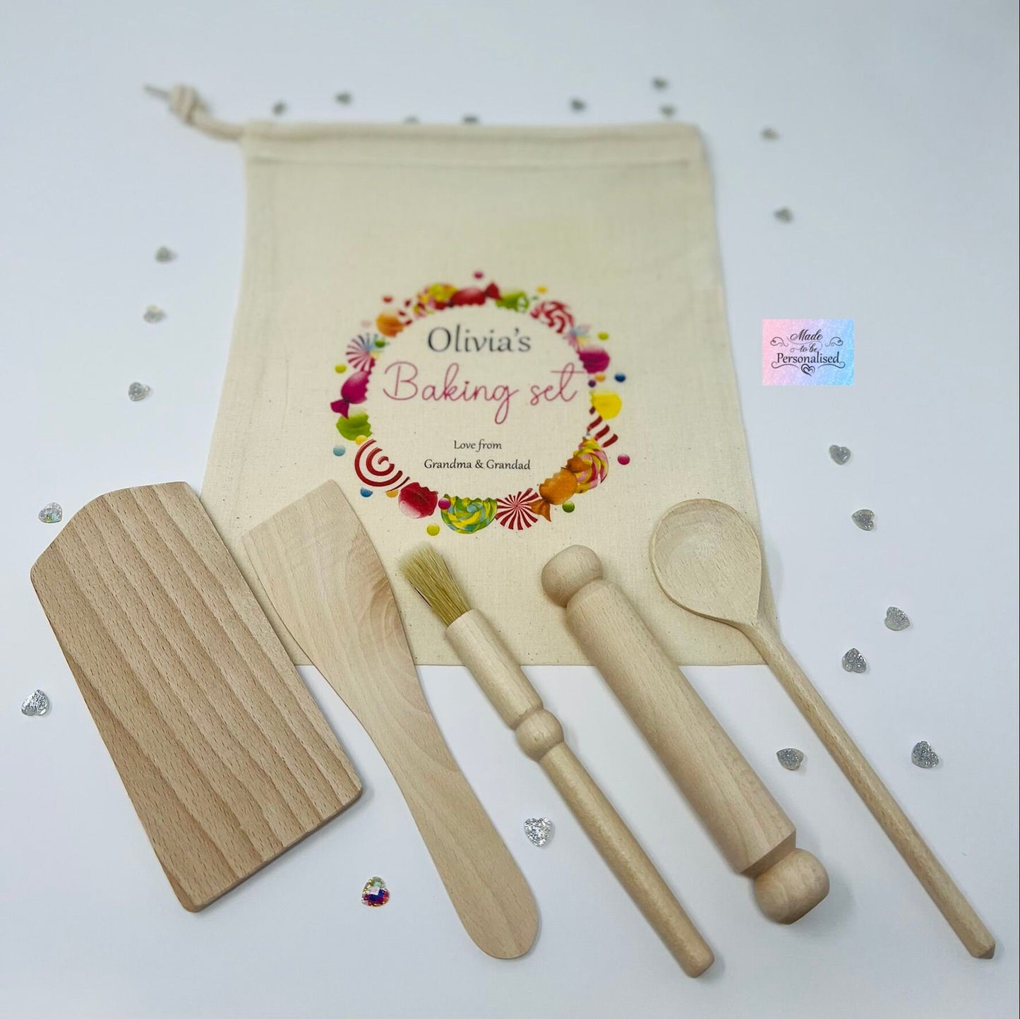 Personalised Children's baking set, kitchen gifts, personalised drawstring bag, wooden cooking utensils, baking set, cooking gift set