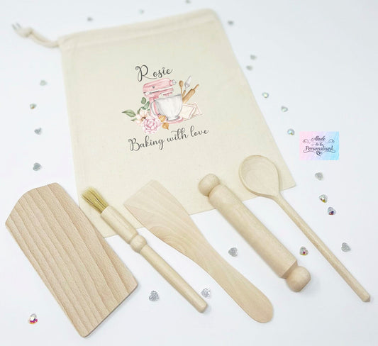 Children's baking set, with wooden utensils, light pink mixer design, baking gift set