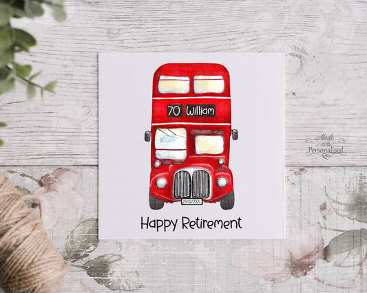 Personalised Card, London style red Bus, Retirement card, enjoy retirement, bus pass, pensioner card, Birthday card, Christmas card,